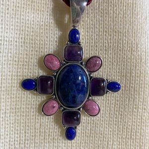 Stmt Cross Southwest Multi-Gemstone Pendent. Lapis, Ameth, Rhodalite. w/Cord.